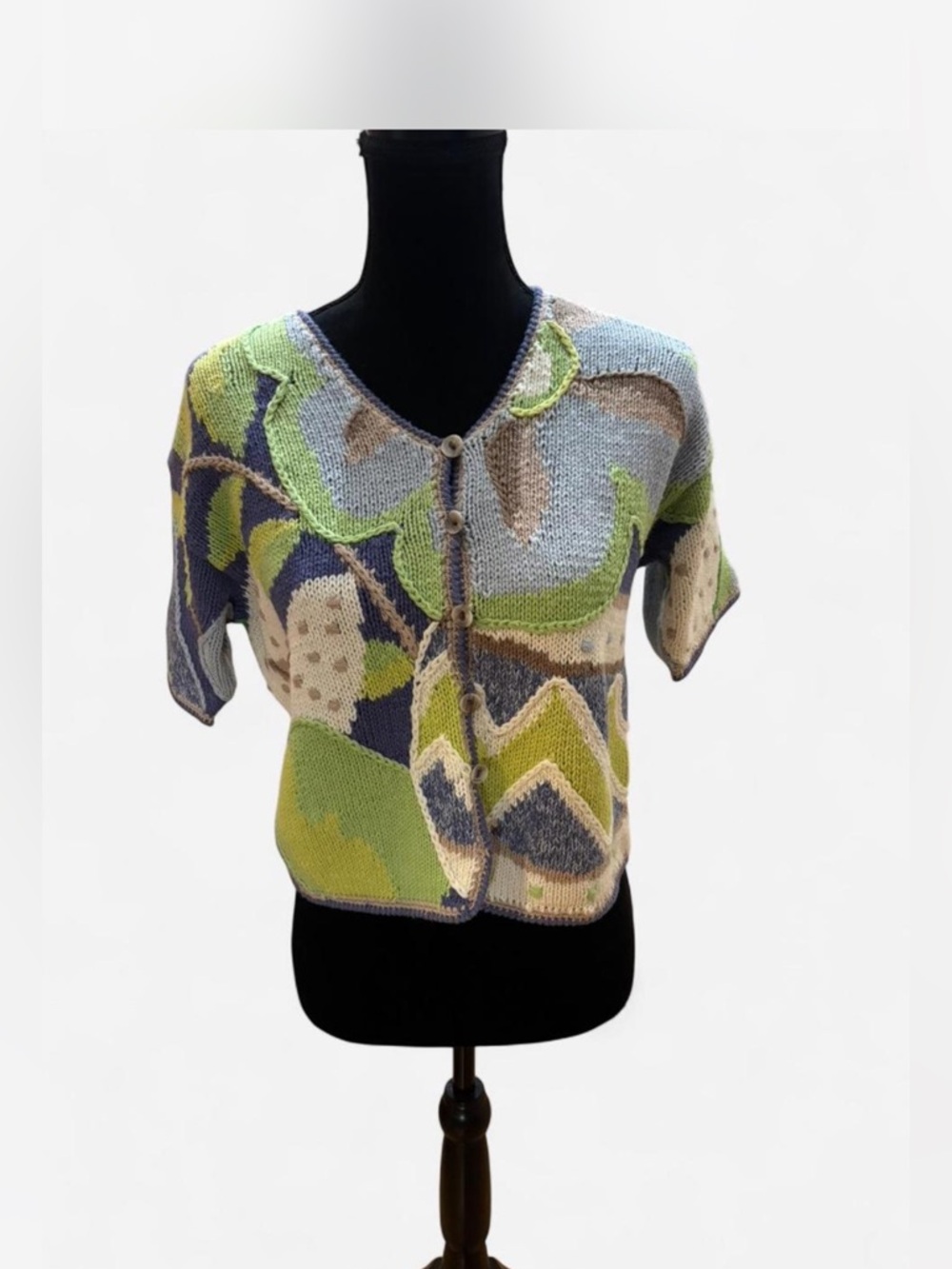 Sigrid Olsen Short-Sleeve Abstract Cardigan Sweater - Green/Blue/Cream
